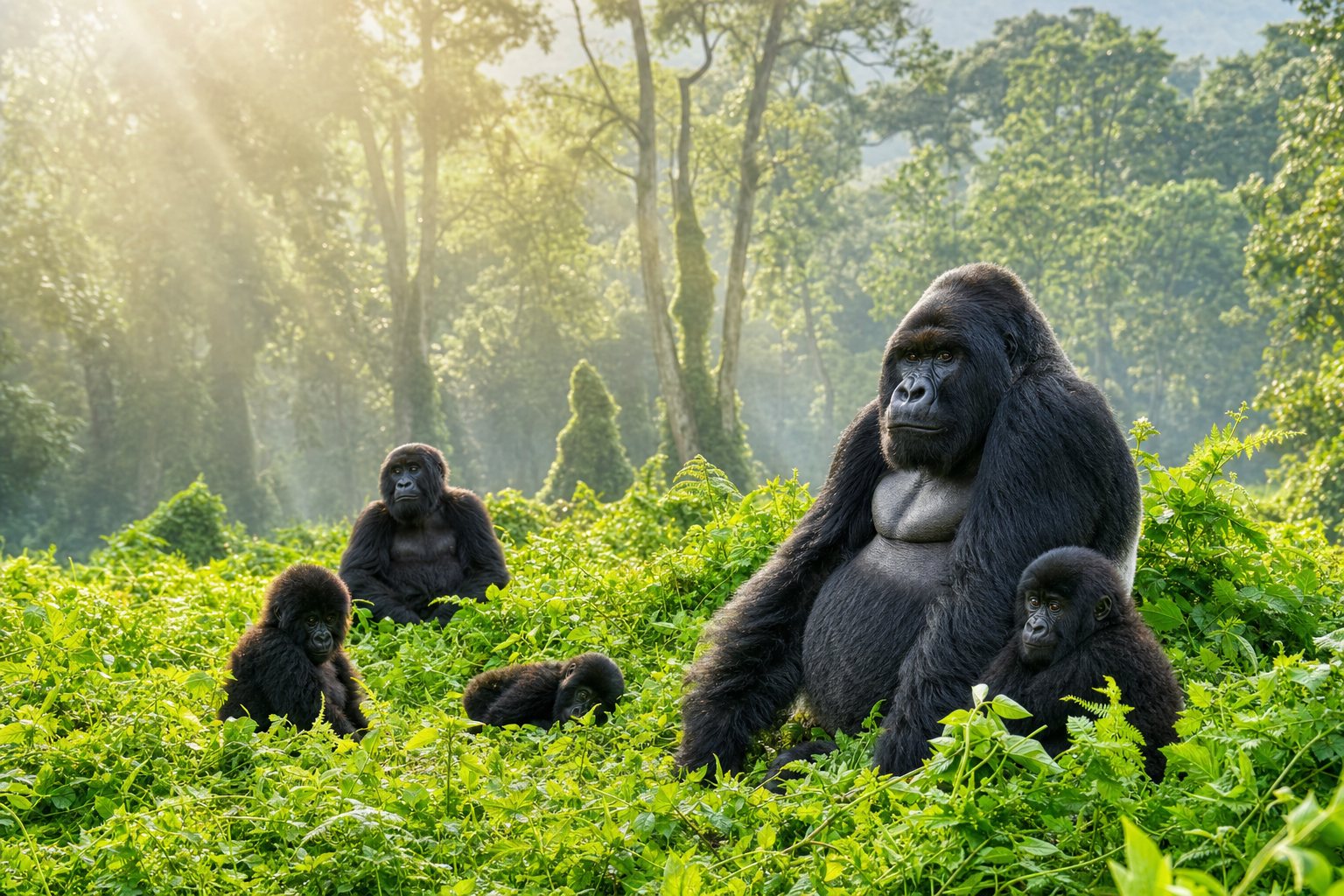A silverback and four young mountain gorillas in sunlit rainforest
