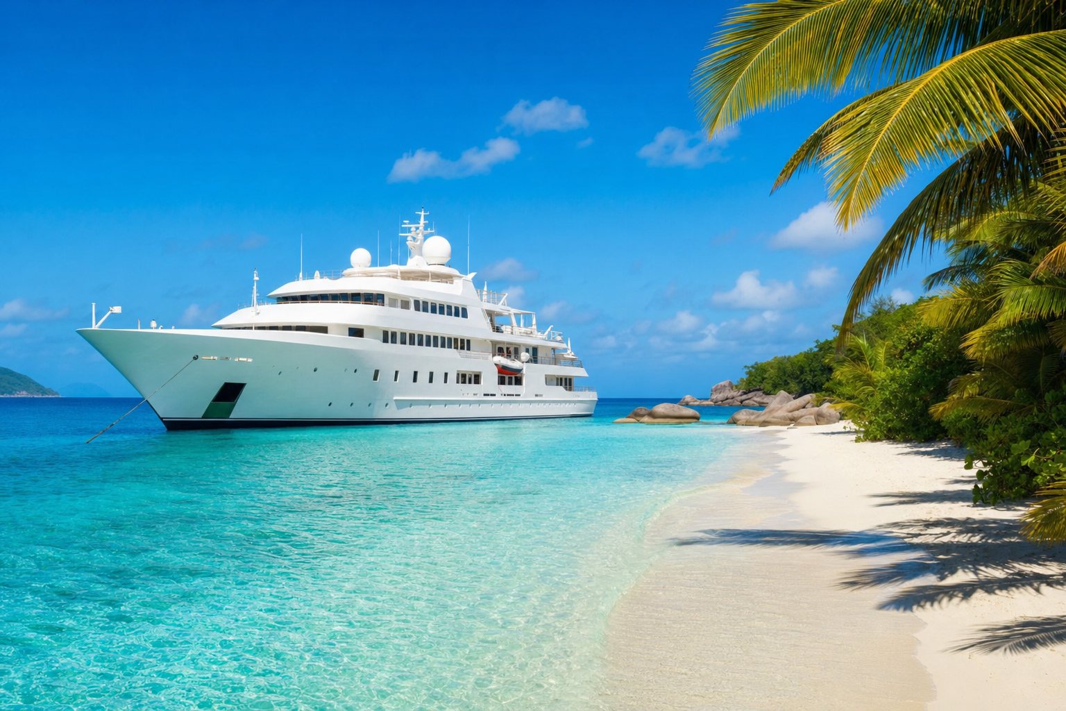 A small luxury ship anchored off a white sand beach in turquoise water